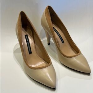 French Connection Cream Heels Tan Suede Trim Pointed Toe Stiletto 3” heel